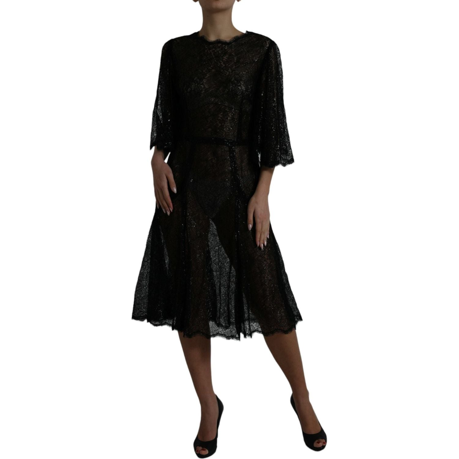 Dolce & Gabbana Black Floral Lace Sheer A-line Midi Dress
