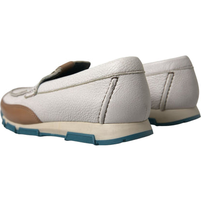 Dolce & Gabbana White Brown Leather Slip On Men Moccasin Shoes