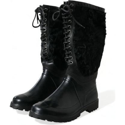 Dolce & Gabbana Black Rubber Lace Up Shearling Rain Boots Shoes