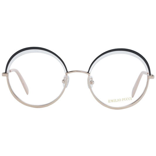 Emilio Pucci Black Women Glasses Frame in metal, half-rim style with demo lenses, round shape, includes branded case, size 53-21-140.