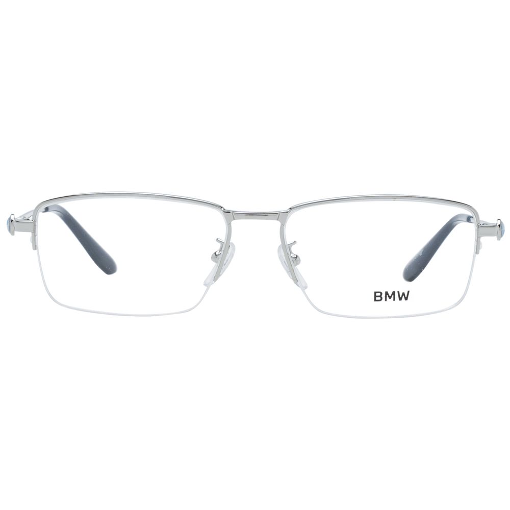 BMW Silver Men Glasses Frame in metal, half-rim rectangle style, silver color, includes branded case, no extra features, size 56-16-150.