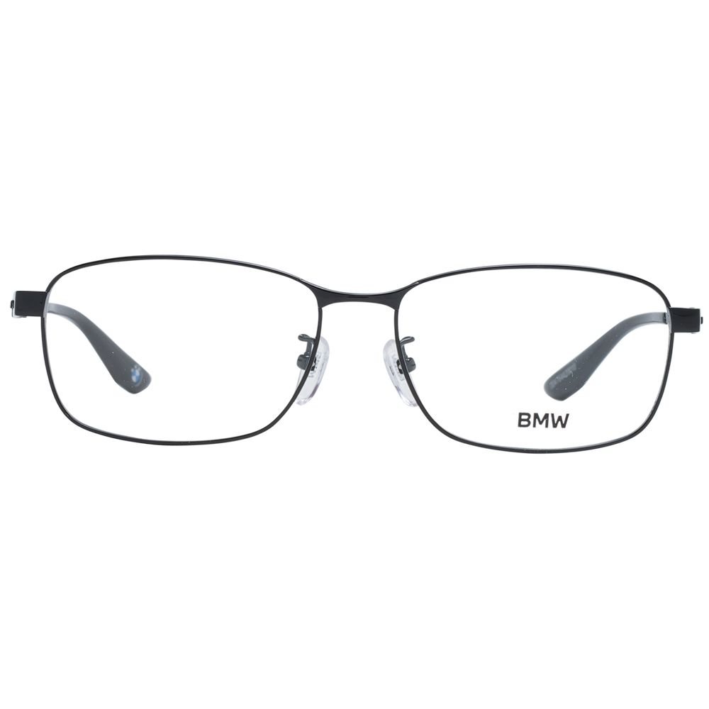BMW Black Men Glasses Frame with titanium full-rim design, plastic demo lenses, and rectangular shape; includes branded case.