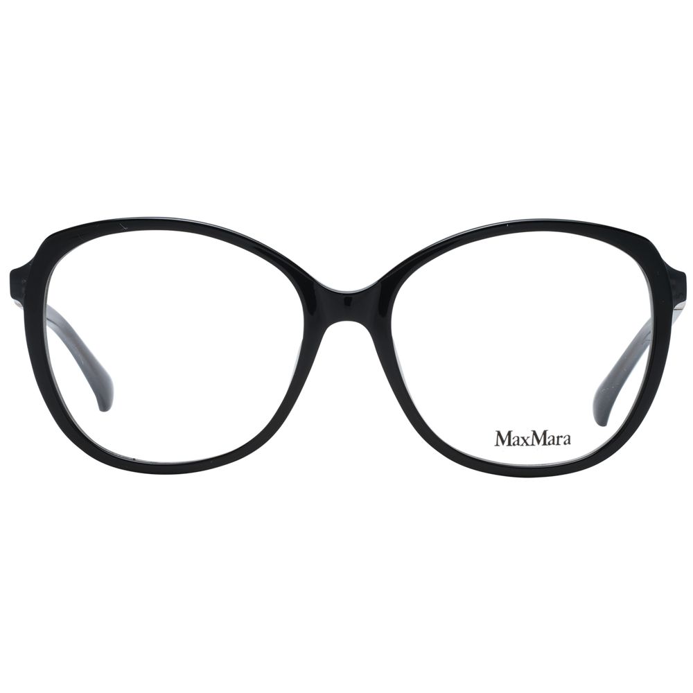 Max Mara Black Women Glasses Frame, full-rim butterfly style, plastic material, includes branded case, 57mm lens width, sleek black design.