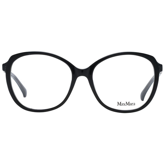 Max Mara Black Women Glasses Frame, full-rim butterfly style, plastic material, includes branded case, 57mm lens width, sleek black design.
