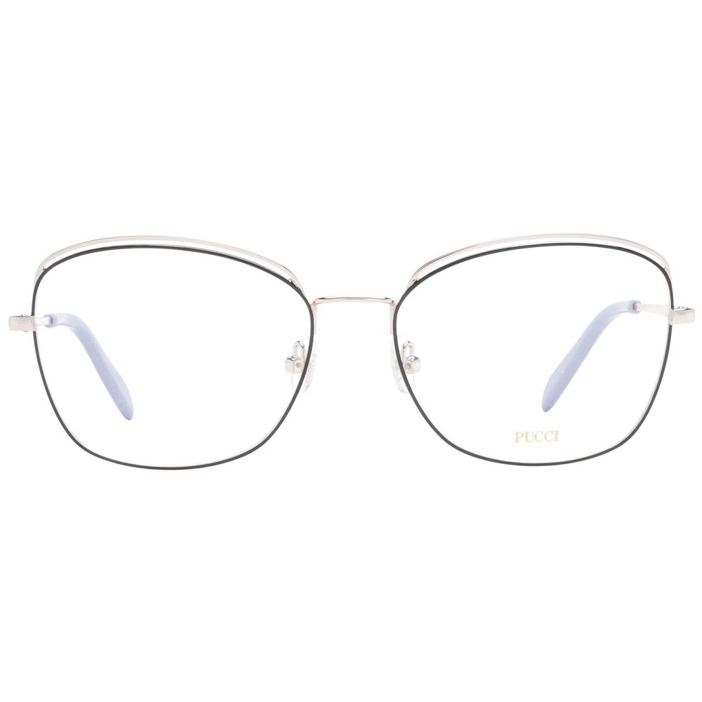 Emilio Pucci Black Women Glasses Frame in metal, full-rim, square shape with demo lenses; size 56-16-140, includes branded case.