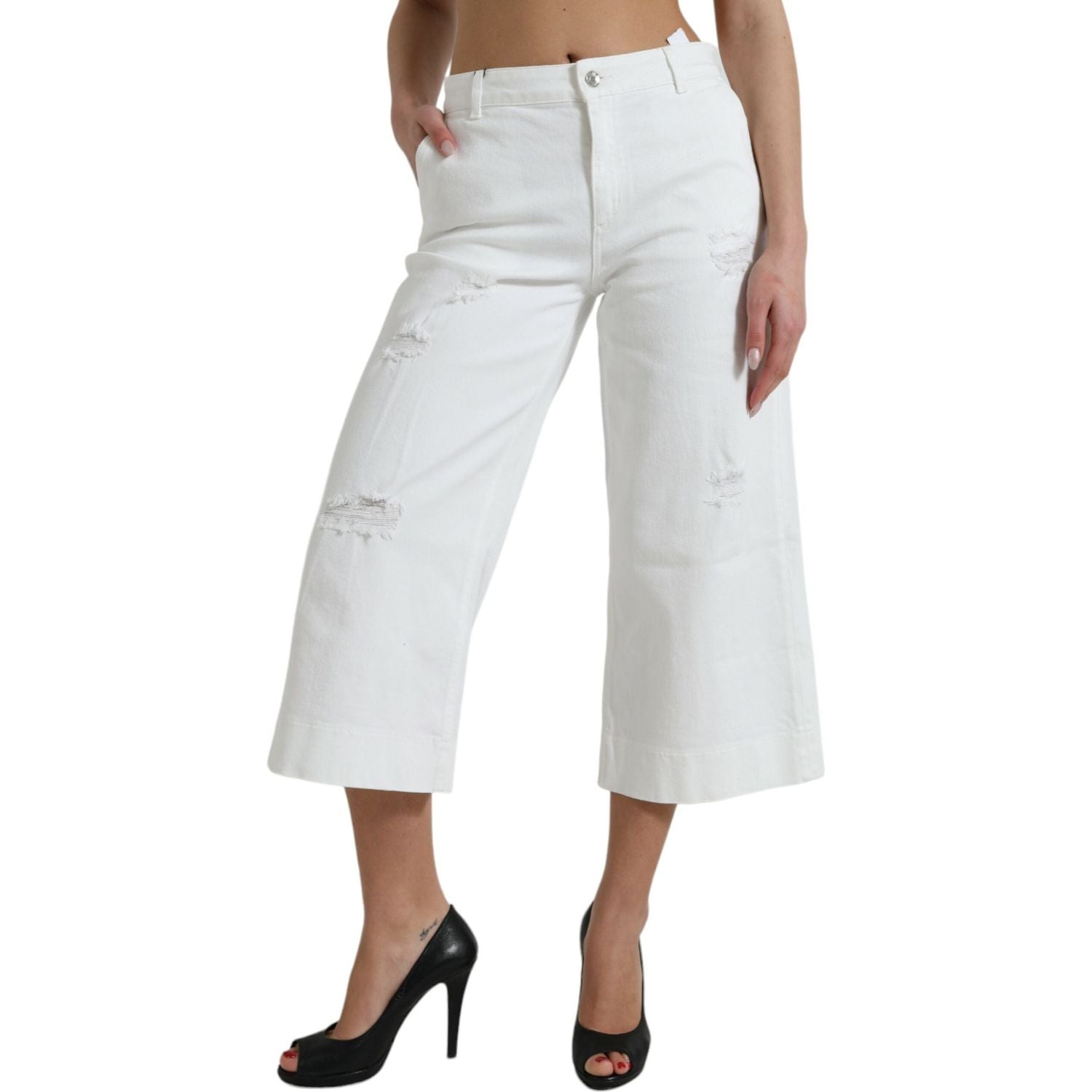 Dolce & Gabbana White Cotton Cropped Wide Leg Denim Jeans
