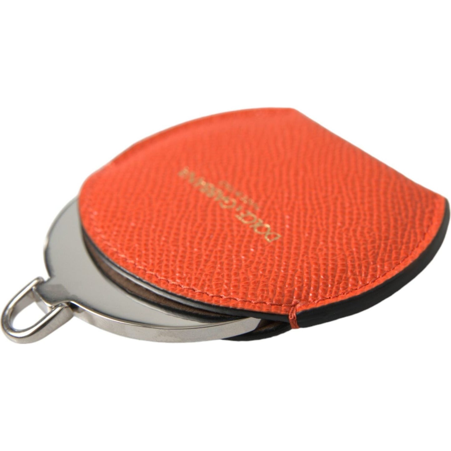 Dolce & Gabbana Orange Calfskin Leather Round Logo Hand Mirror Holder
