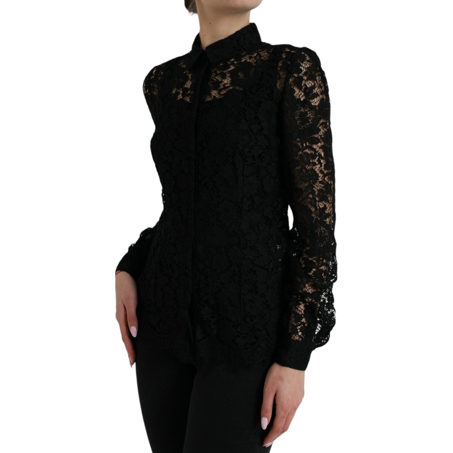 Dolce & Gabbana Black Floral Lace Long Sleeves Blouse Top