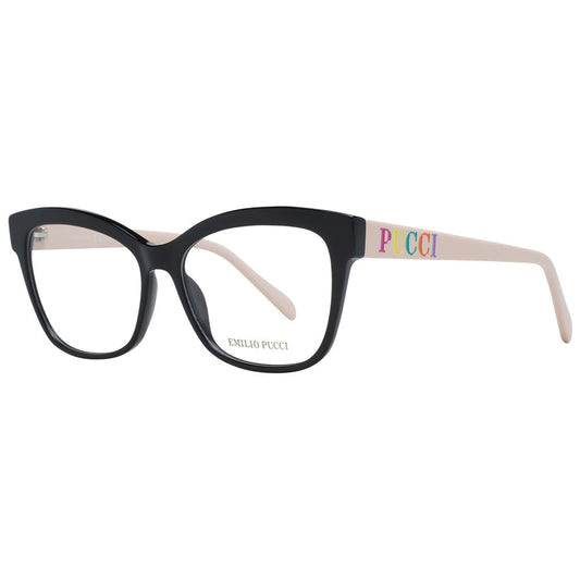 Alt Tag: Emilio Pucci Black Women Glasses Frame, square full-rim design, black plastic, demo lenses, includes branded case.