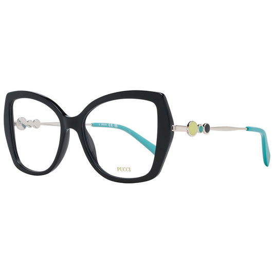 Emilio Pucci Black Women Glasses Frame, black plastic full-rim butterfly style with unique temple design, includes branded case.