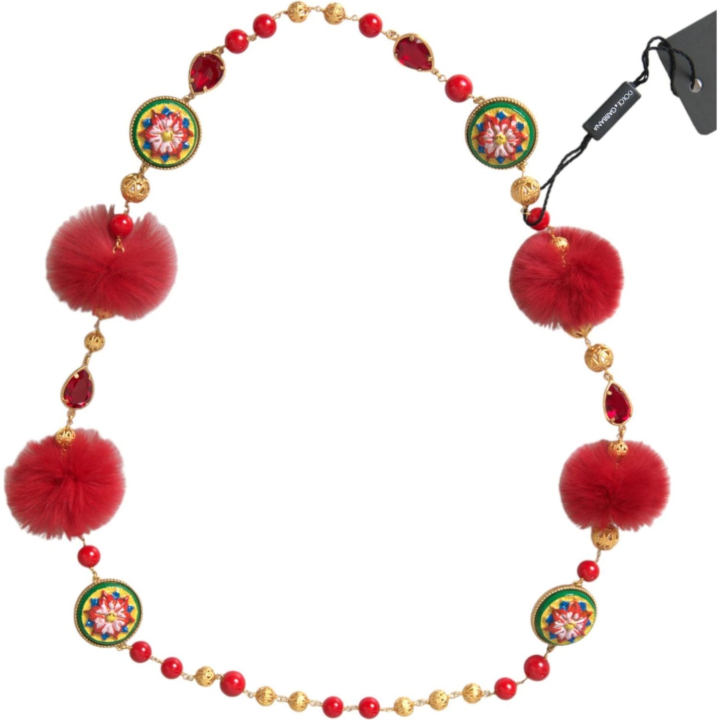 Dolce & Gabbana Gold Brass Red Fur Crystal Carretto Chain Necklace SMY101365