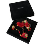 Dolce & Gabbana Gold Brass Red Fur Crystal Carretto Chain Necklace SMY101365