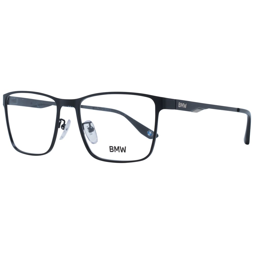 BMW Black Men Glasses Frame with black metal full-rim design, demo lenses, and rectangle style. Includes branded case. Size 55-17-145.