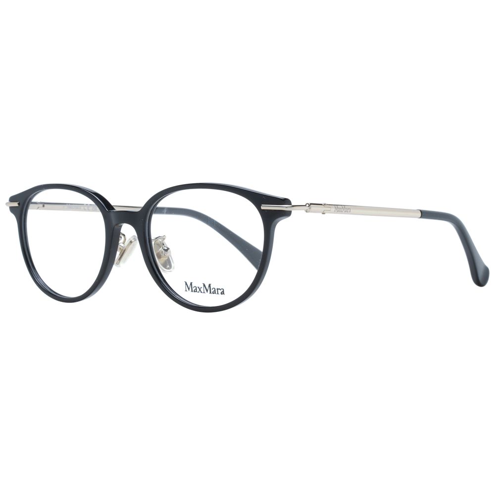 Max Mara Black Women Glasses Frame in full-rim style with plastic material, round shape, and demo lenses. Includes branded case.