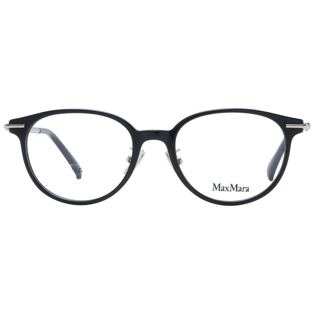 Max Mara Black Women Glasses Frame, full-rim round plastic design with demo lenses, includes branded case.