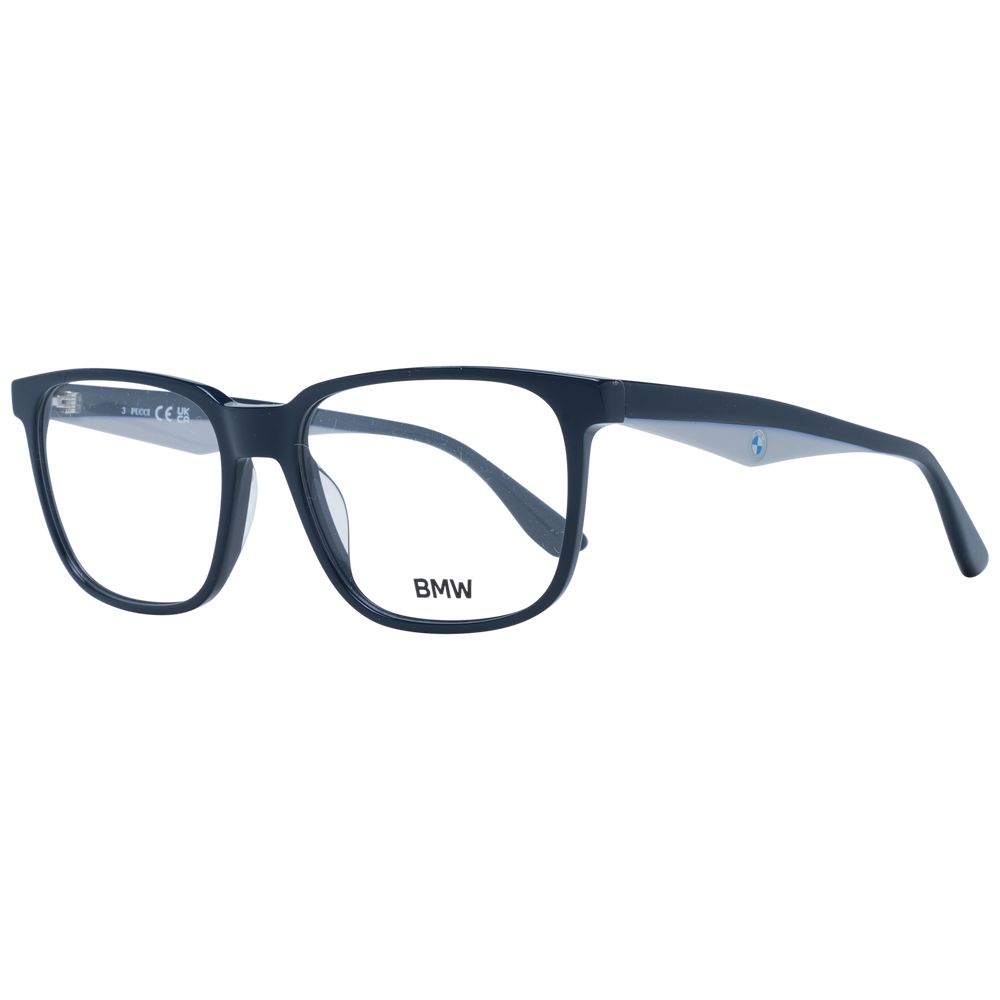 BMW Blue Men Glasses Frame with full-rim blue plastic design, demo lenses, 55-17-145 size, includes branded case.