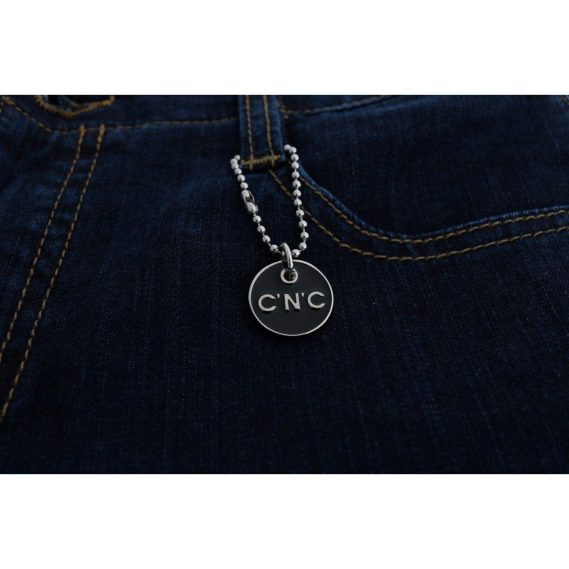 蓝色别致喇叭棉质牛仔裤