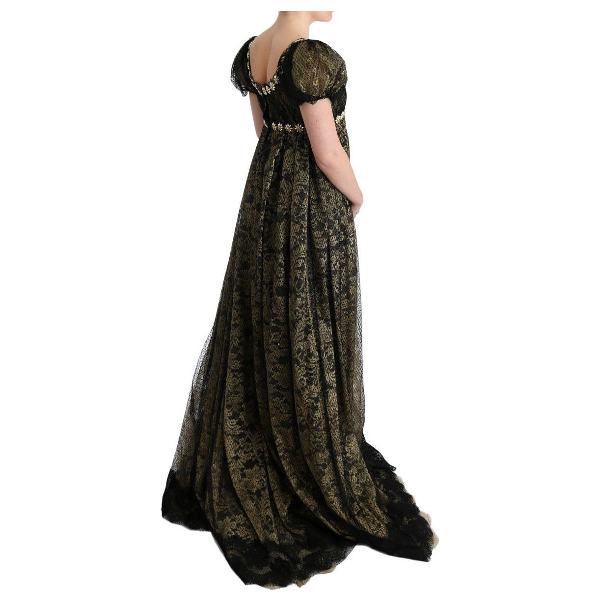 فستان ماكسي من دولتشي آند غابانا بطبعات عباد الشمس والدانتيل والكريستال