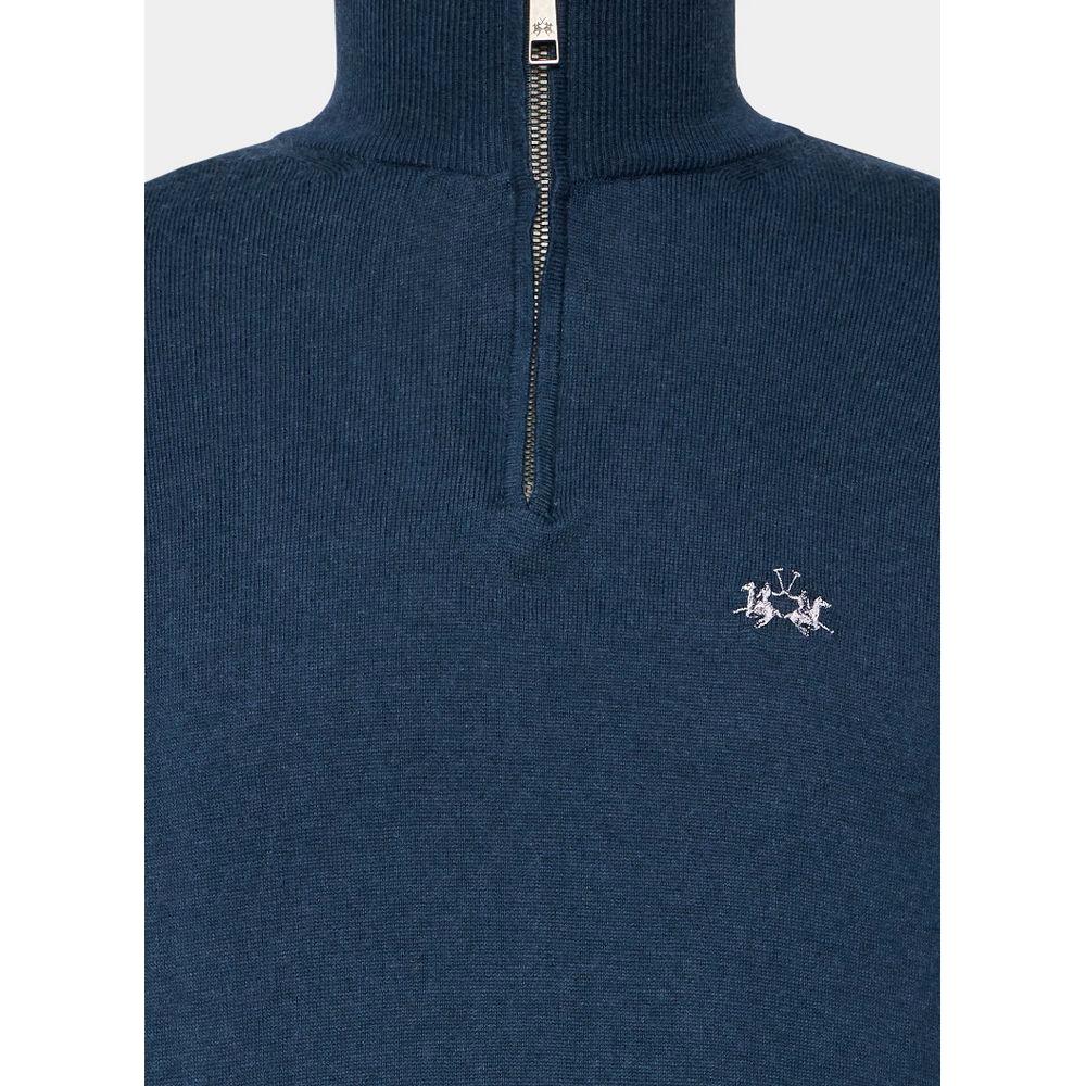 La Martina Blue Wool Men Sweater with Half Zip Closure