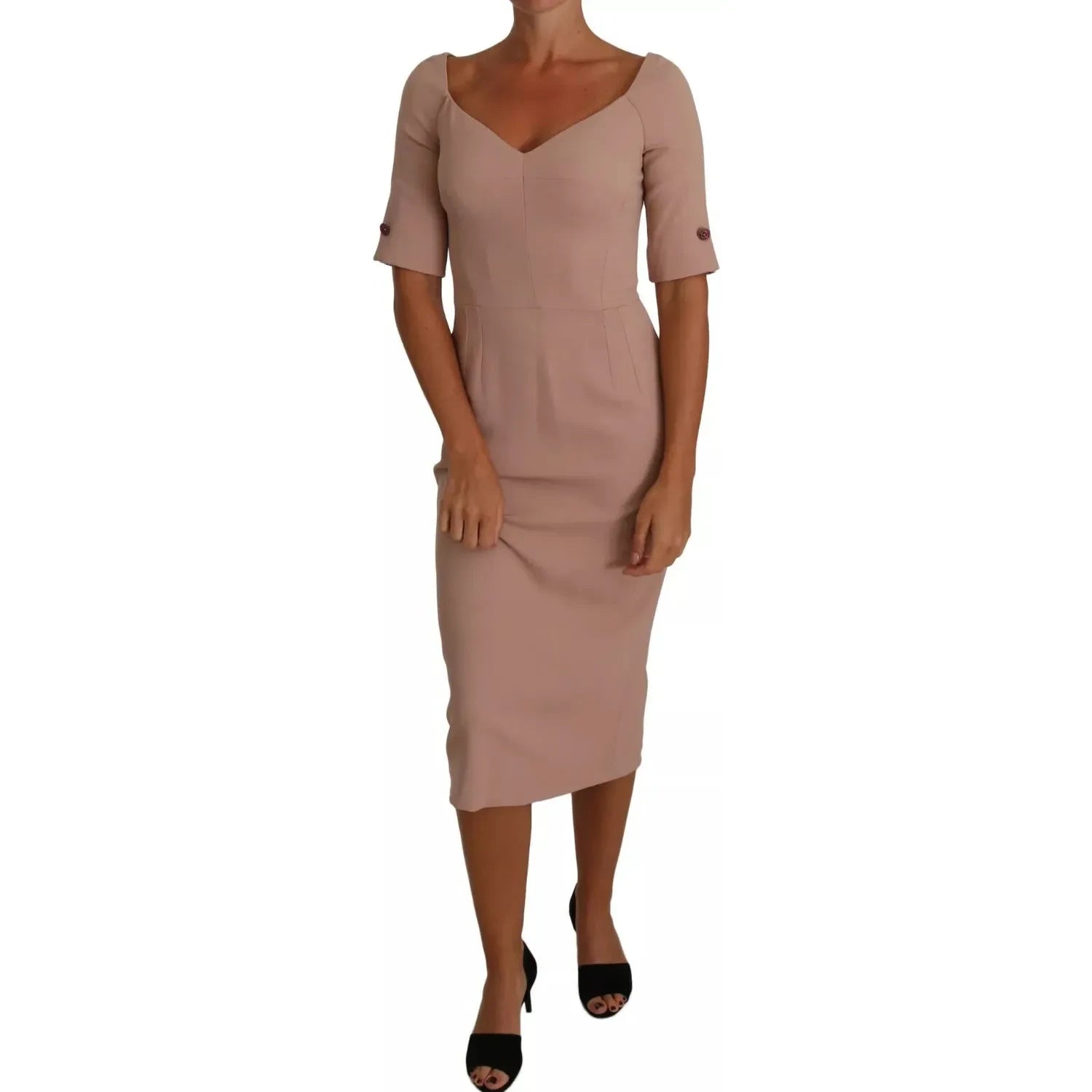 فستان دولتشي آند غابانا متوسط ​​الطول باللون الوردي الفاتح مع أزرار كريستالية