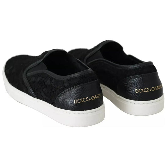Dolce & Gabbana Black Lace Leather Logo Flat Slip-On Sneakers LA5878