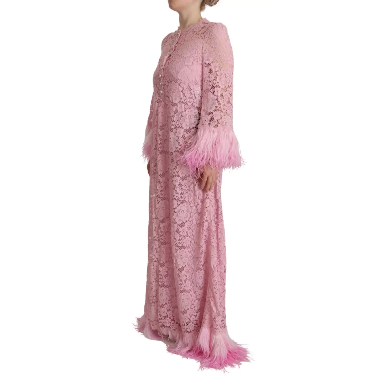 Dolce & Gabbana Shift Lilac Lace Feathers Long Sleeves Dress