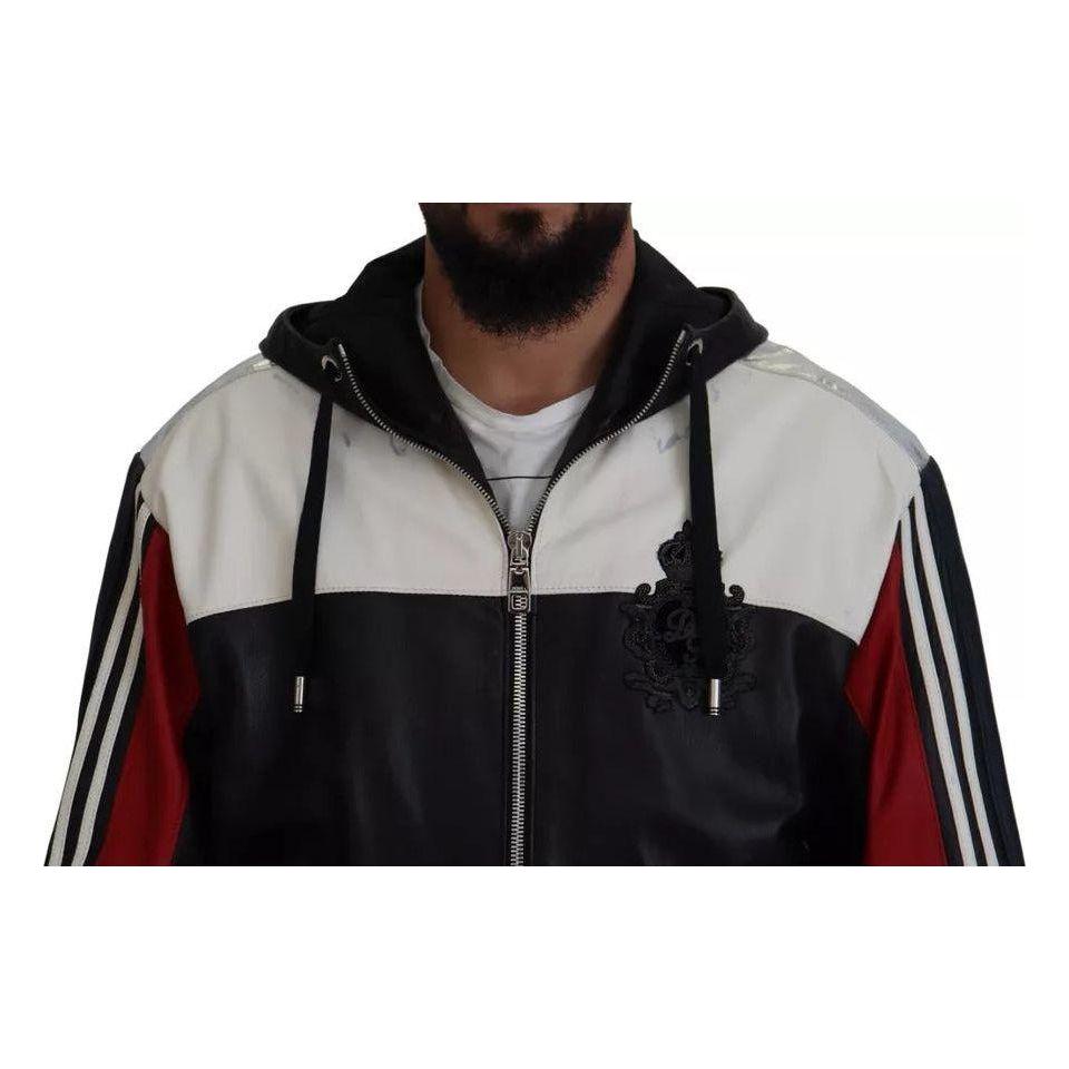 جاكيت معطف بغطاء رأس من الجلد الأسود من دولتشي آند غابانا