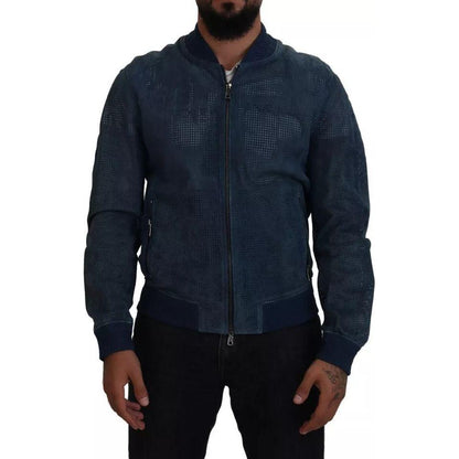 Dolce & Gabbana Blue Leather Perforated Full Zip Jacket