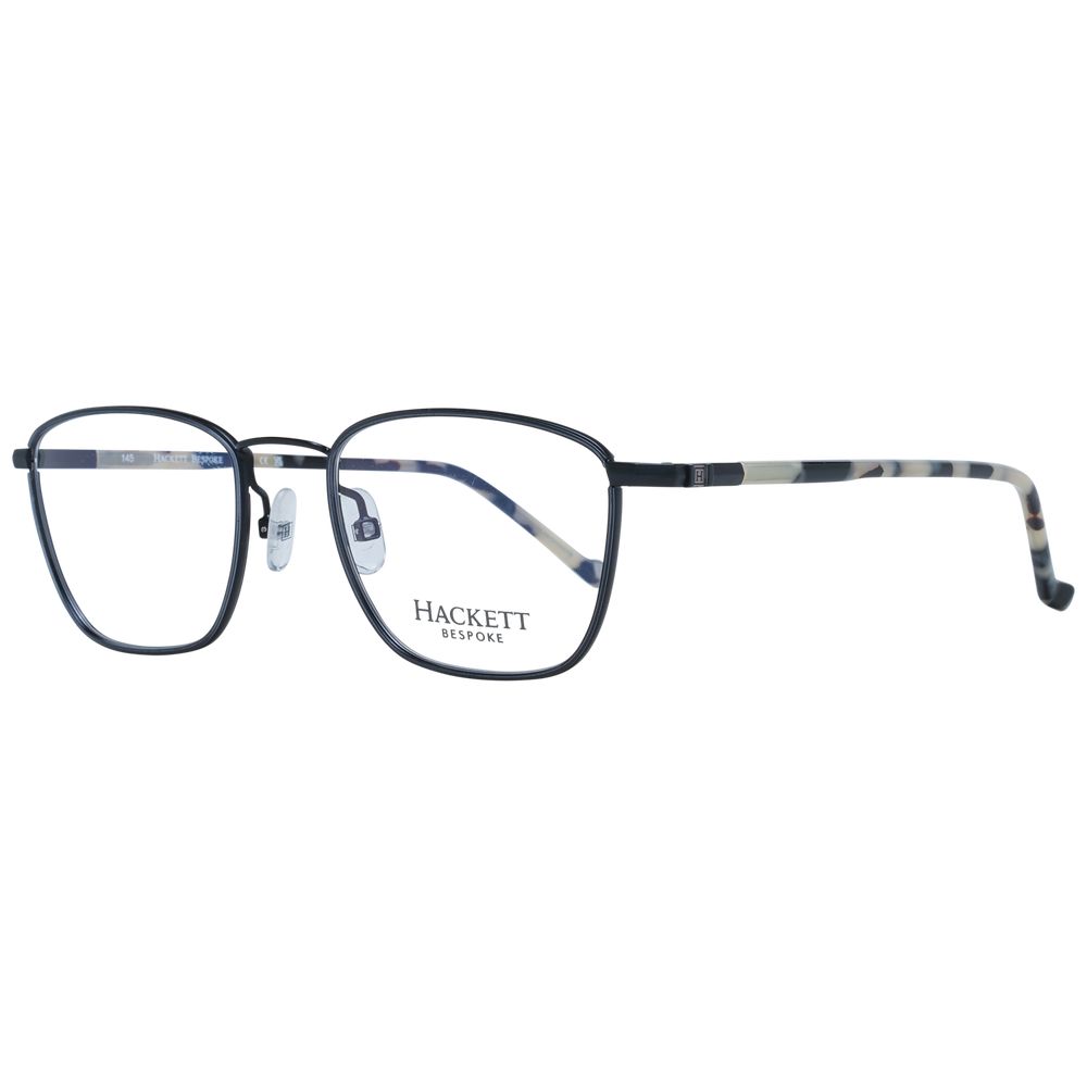 Hackett Black Men Glasses Frame in full-rim stainless steel, featuring rectangle shape and demo lenses. Includes branded case.