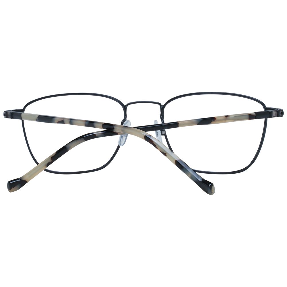 Front view of Hackett Black Men Glasses Frame with full-rim stainless steel design and demo lenses, includes branded case.
