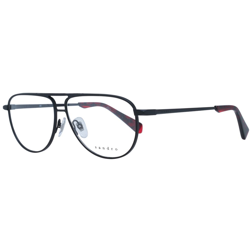 Sandro Black Men Glasses Frame, full-rim stainless steel aviator style with demo plastic lenses, model 57-11-140, includes case.