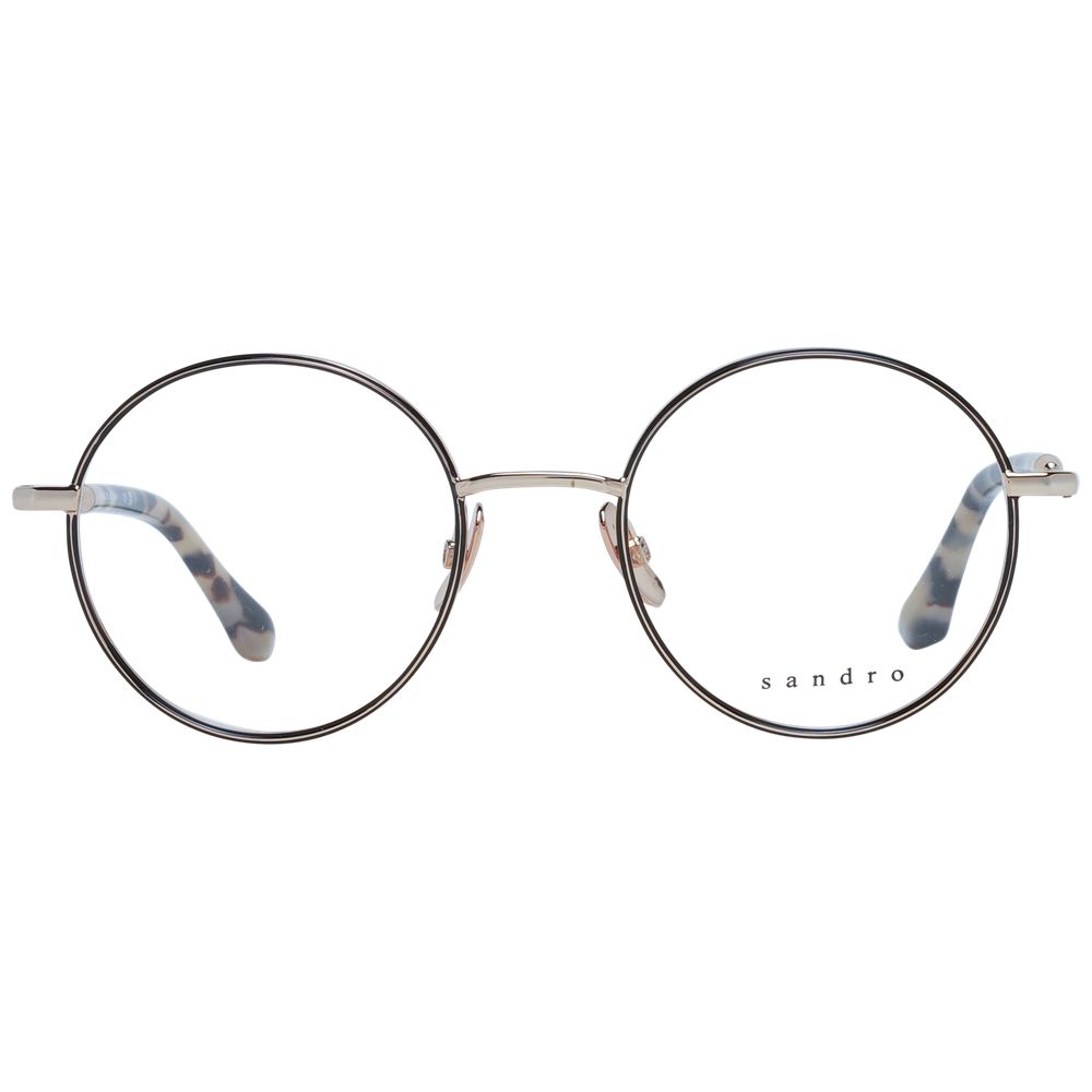 Sandro Black Women Glasses Frame in stainless steel with full-rim design, demo lenses, and branded case. Elegant panto style eyewear.