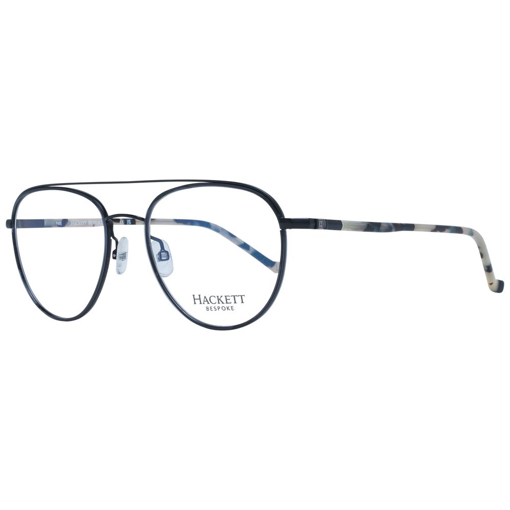 Hackett Black Men Glasses Frame in stainless steel, aviator full-rim style with demo lenses, includes branded case.
