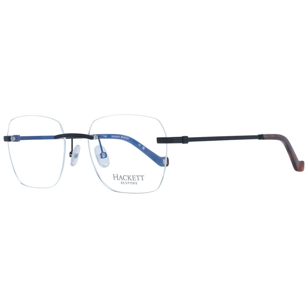 Alt Tag: Hackett Black Men Glasses Frame, rimless metal square design, demo lenses, branded case, perfect for style-conscious men.