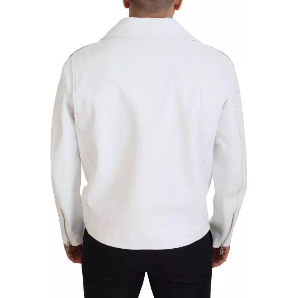 معطف بايكر جلدي أبيض بسحاب من دولتشي آند غابانا