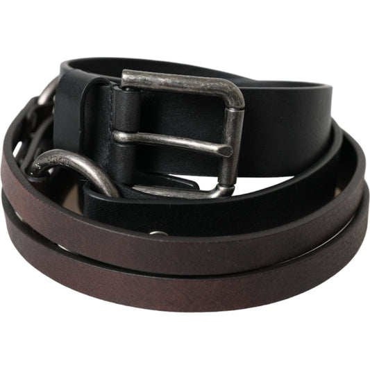 Dolce & Gabbana Black Brown Leather Silver Metal Buckle Belt BEL9193-100
