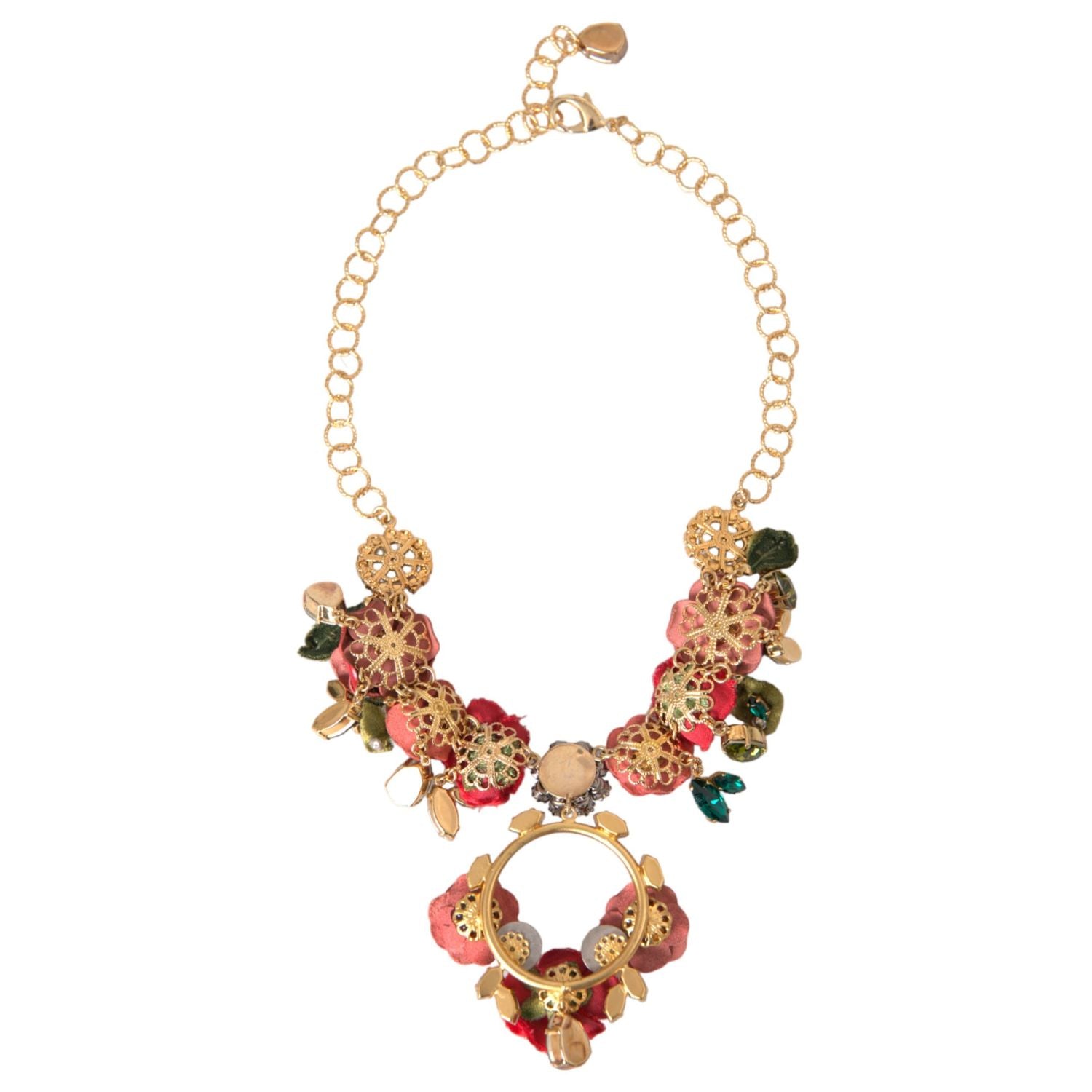 Dolce & Gabbana Gold Brass Link Chain RosePetal Crystal Pendant Necklace