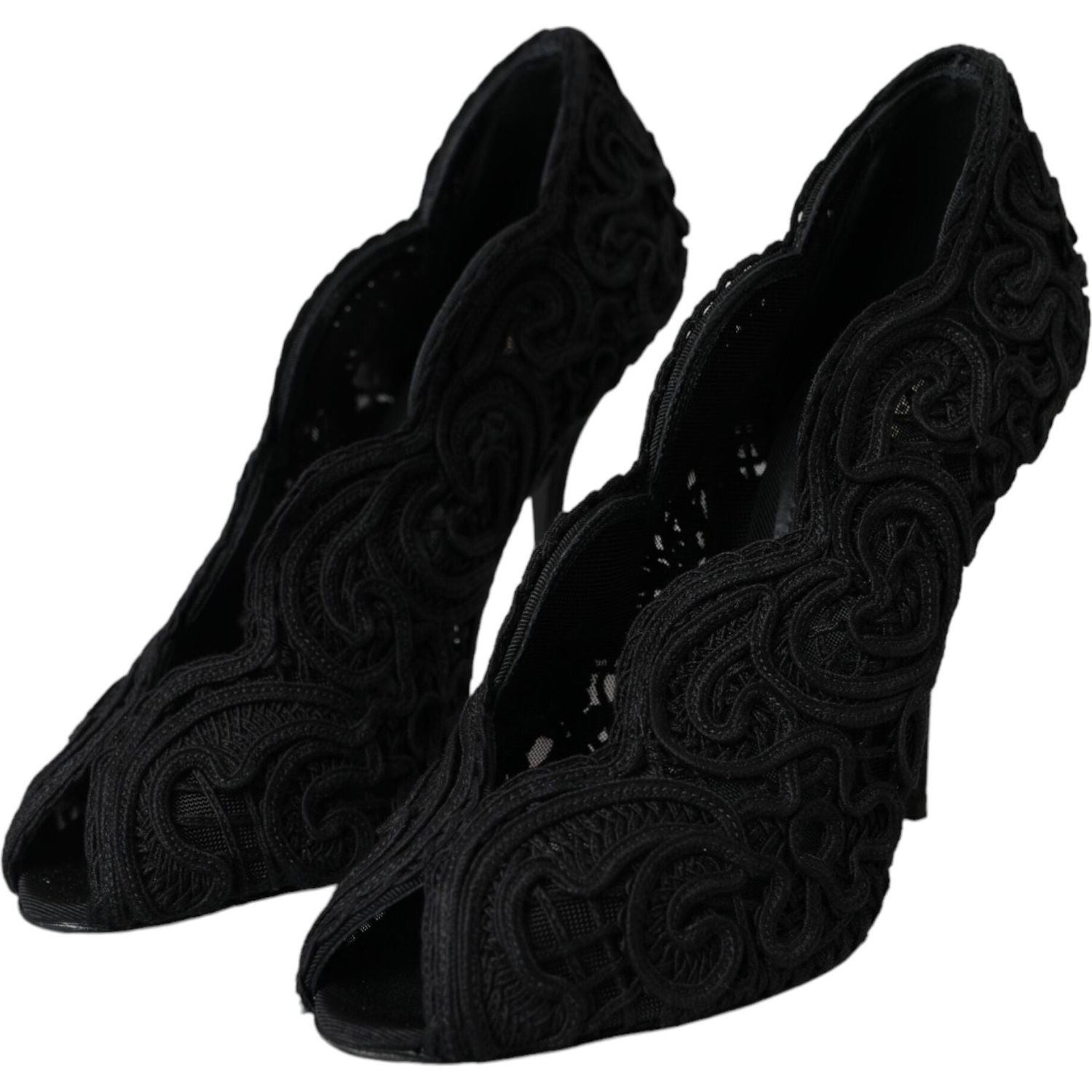 Dolce & Gabbana Black Cordonetto Ricamo Pump Open Toe Shoes