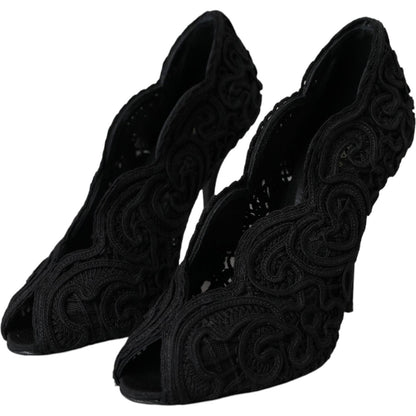 Dolce & Gabbana Black Cordonetto Ricamo Pump Open Toe Shoes