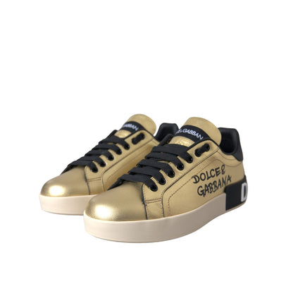 Dolce & Gabbana Gold Portofino Calf Leather Sneakers Women Shoes