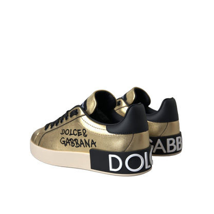 Dolce & Gabbana Gold Portofino Calf Leather Sneakers Women Shoes