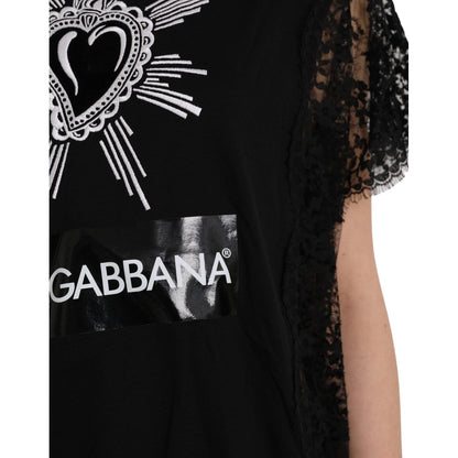 Dolce & Gabbana Black Sacred Heart Print Cotton Lace T-shirt