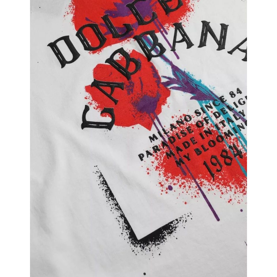 Dolce & Gabbana White Logo Floral Cotton Crew Neck T-shirt