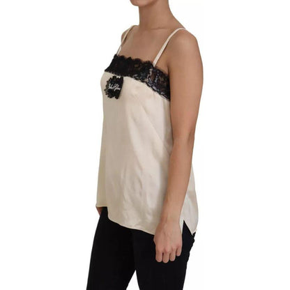 Dolce & Gabbana Beige Lace Spaghetti Logo Embroidery Top