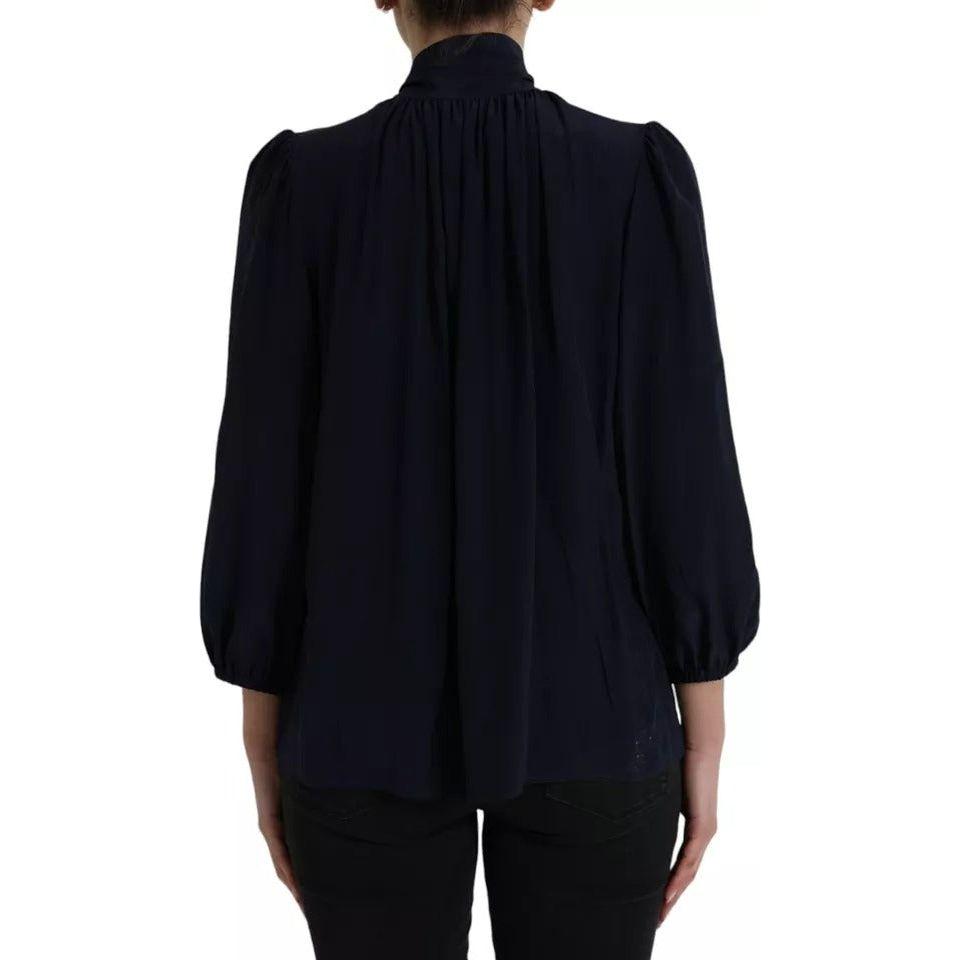 Dolce & Gabbana Blue Long Sleeves Ascot Collar Blouse Top