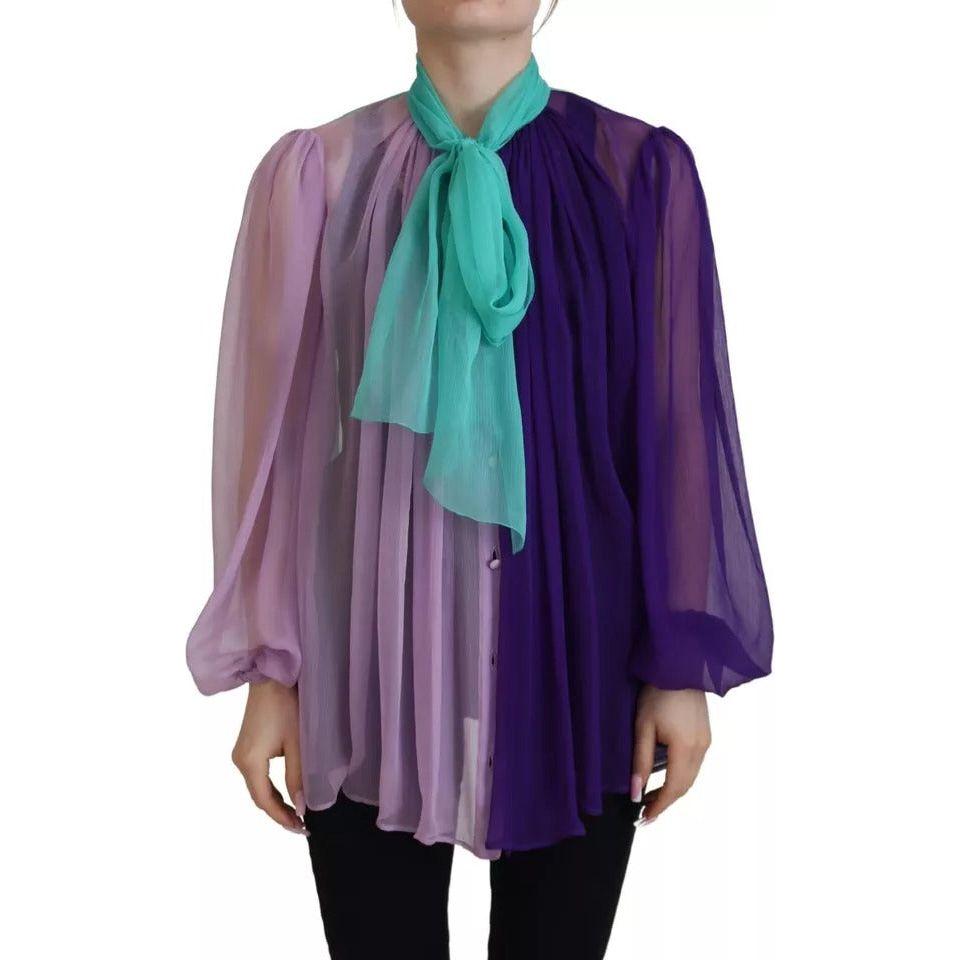 بلوزة دولتشي آند غابانا متعددة الألوان بأكمام طويلة وياقة أسكوت من الحرير