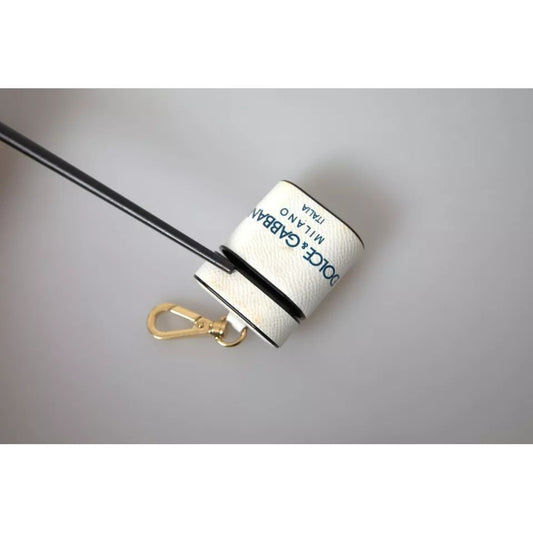 Dolce & Gabbana White Blue Calf Leather Logo Print Strap Airpods Case