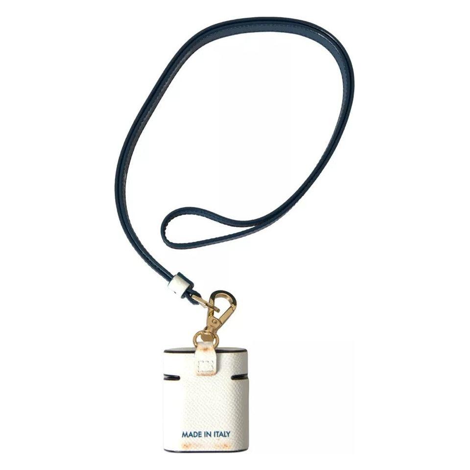 Dolce & Gabbana White Blue Calf Leather Logo Print Strap Airpods Case SMY101189