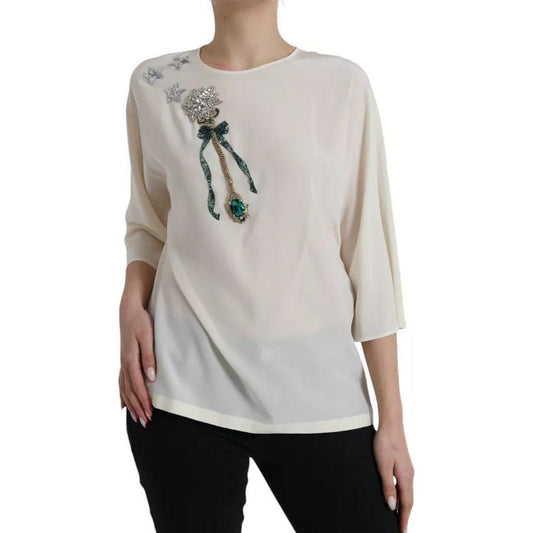 Dolce & Gabbana White Silk Crystal 3/4 Sleeves Blouse Top TSH852008-42