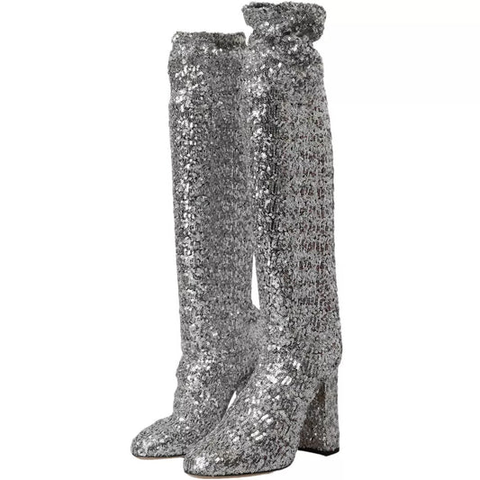 Dolce & Gabbana Silver Sequined High Boots Stretch Shoes LA10943-39